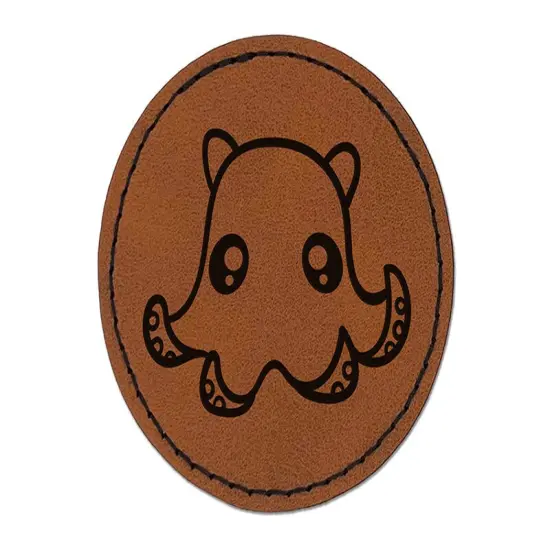 Kawaii Flapjack Octopus Round Iron-On Engraved Faux Leather Patch Applique - 2.5" Brown {1}