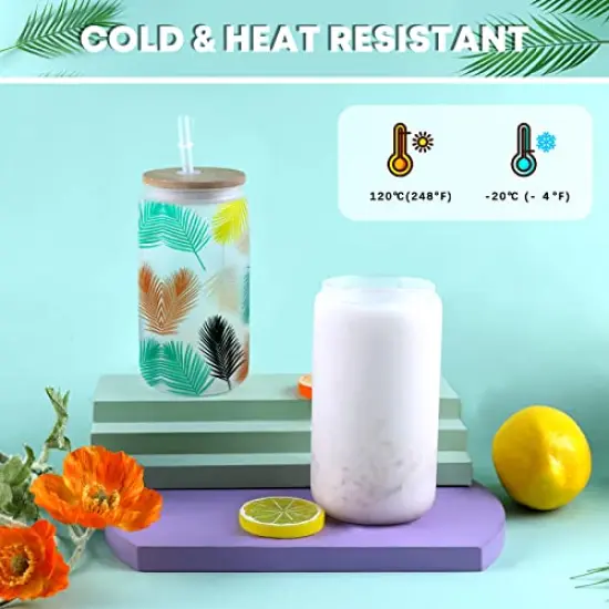 8 Pieces Sublimation Glass Blanks with Bamboo Lid - 16 Oz Frosted Sublimation Beer Can Glass - Sublimation Glass Tumblers for Iced Coffee Juice Soda Drinks {4}