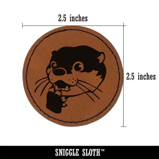 Shocked Surprised Otter Head Round Iron-On Engraved Faux Leather Patch Applique - 2.5" Brown {3}