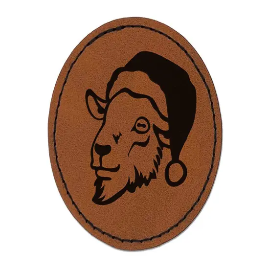 Goat Head with Santa Hat Christmas Round Iron-On Engraved Faux Leather Patch Applique - 2.5" Brown {1}