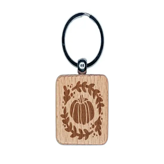 Fall Autumn Pumpkin in Wreath Engraved Wood Square Keychain Tag Charm {1}