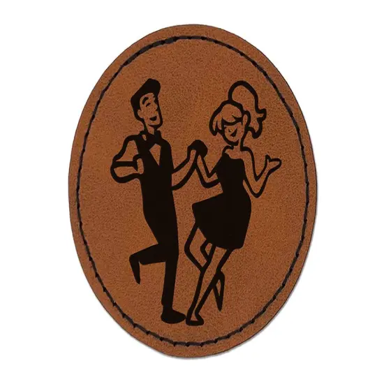 Happy Dancing Couple Round Iron-On Engraved Faux Leather Patch Applique - 2.5" Brown {1}