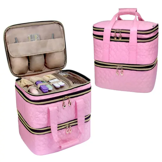 Nail Polish Organizer; Three-Layers Nail Polish Organizer Case with Detachable Nail Machine Compartment; 3 in 1 Portable Nail Polish Holder Organizer Case Pink {1}