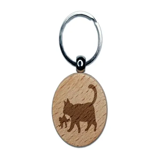 Yule Cat Taking Child Christmas Engraved Wood Round Keychain Tag Charm {1}