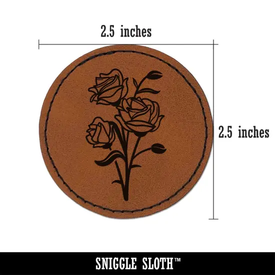 Bundle of Wild Roses Round Iron-On Engraved Faux Leather Patch Applique - 2.5" Brown {3}