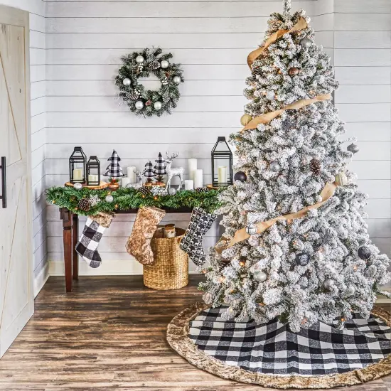 Black and White Buffalo Plaid Tree Skirt With Faux Fur Trim - 60" {3}