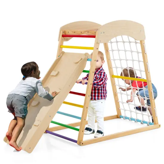 Costway 6-in-1 Wood Jungle Gym Montessori Climbing Play Set with Double-sided Ramp Colorful {8}
