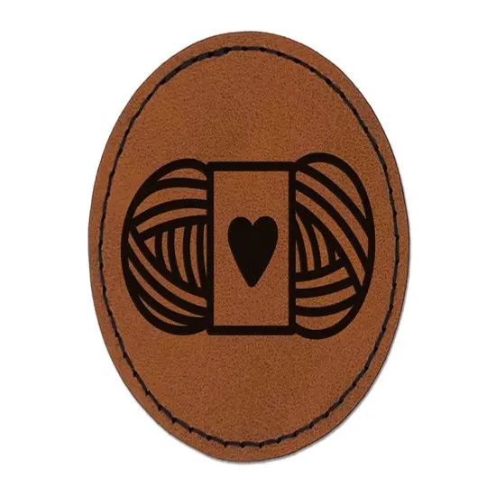 Darling Skein of Yarn Crocheting Knitting Yarn Crafts Round Iron-On Engraved Faux Leather Patch Applique - 2.5" Brown {1}