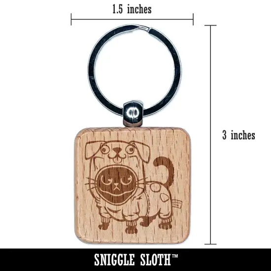 Cute Grouchy Cat in Dog Costume Halloween Engraved Wood Square Keychain Tag Charm {2}