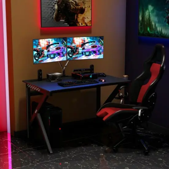 K-Shaped Gaming Desk with Cup Holder Headphone {1}