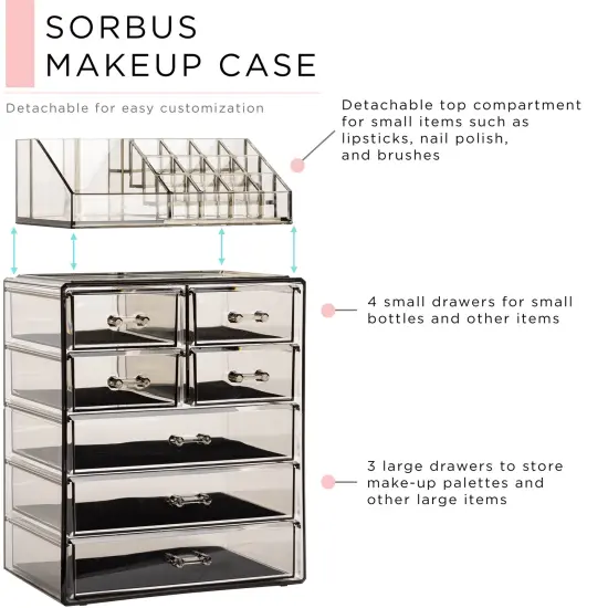Sorbus Medium Makeup Organizer Set - (3 Large / 4 Small Drawers/Top Tray) Black {3}