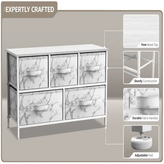 Sorbus Dresser with 5 Drawers - Storage Chest Organizer Unit with Steel Frame, Wood Top, Easy Pull Fabric Bins - Long Wide TV Stand for Bedroom Furniture, Hallway, Closet & Office Organization Marble white {3}