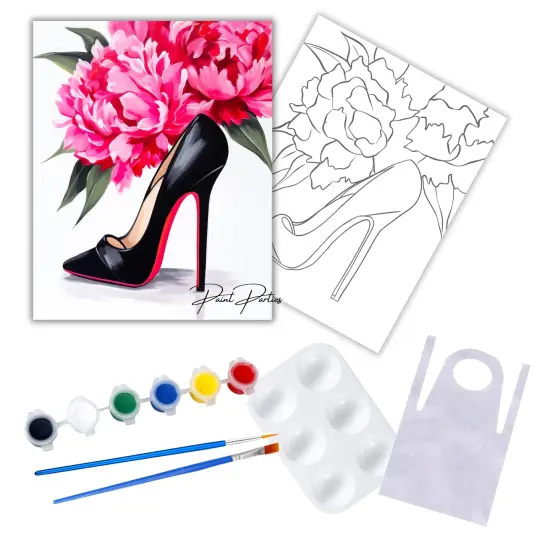 "Pink Flowers and Pumps" DIY Canvas Art Kit, Adult Beginner, Acrylic Paint Size 11x14 inch {1}