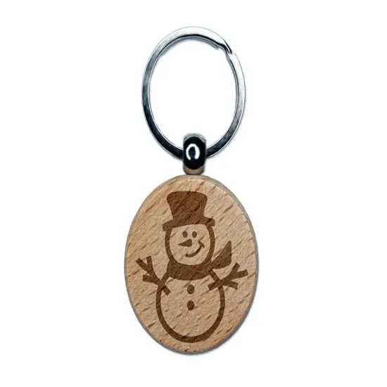 Smiling Snowman Winter Christmas Engraved Wood Round Keychain Tag Charm {1}