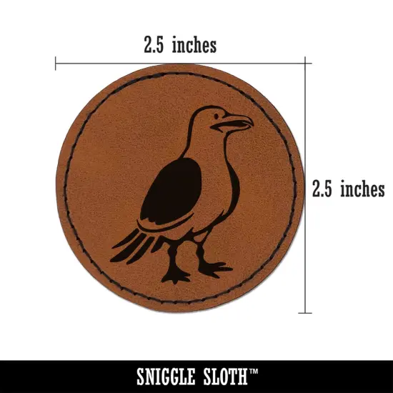 Standing Seagull Bird Round Iron-On Engraved Faux Leather Patch Applique - 2.5" Brown {3}