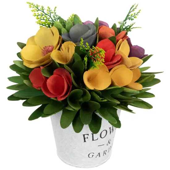 Northlight Wooden Artificial Spring Floral Arrangement with "Flowers and Garden" Pot - 8" Yellow {6}