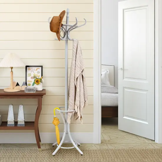 Wooden Freestanding Hat Coat Rack with Umbrella Stand Perfect for Any Room Grey {2}