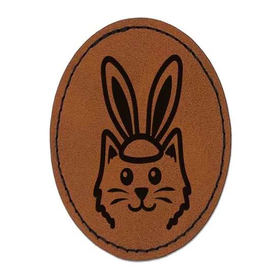 Easter Cat with Bunny Ears Round Iron-On Engraved Faux Leather Patch Applique - 2.5" Brown {1}