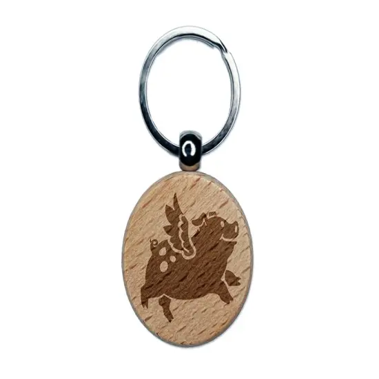 Flying Pig with Wings Engraved Wood Round Keychain Tag Charm {1}