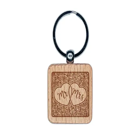 Mr & Mrs Intertwined Hearts With Flower Background Wedding Engraved Wood Square Keychain Tag Charm {1}