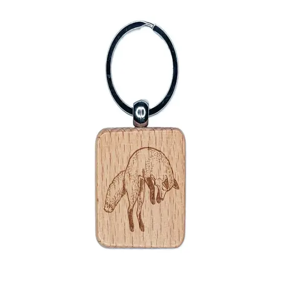 Jumping Leaping Fox Engraved Wood Square Keychain Tag Charm {1}