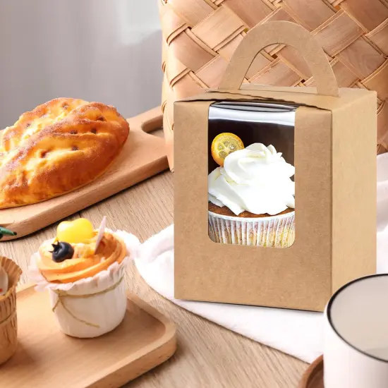 60 Pieces Kraft Cupcake Boxes, Cupcake Carrier with Window Insert and Handle Kraft Pastry Containers Muffins Cupcake Carriers for Bakery Wrapping Party Favor Packing {3}