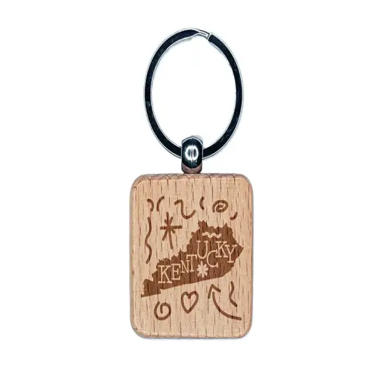Kentucky State with Text Swirls Engraved Wood Square Keychain Tag Charm {1}