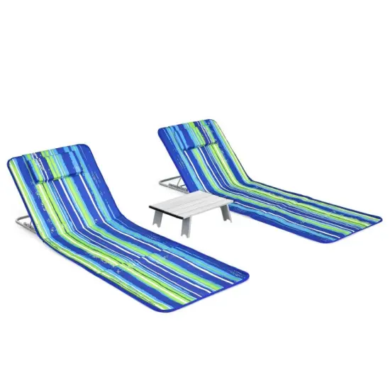 3 Pieces Beach Lounge Chair Mat Set 2 Adjustable Lounge Chairs with Table Stripe Blue {6}