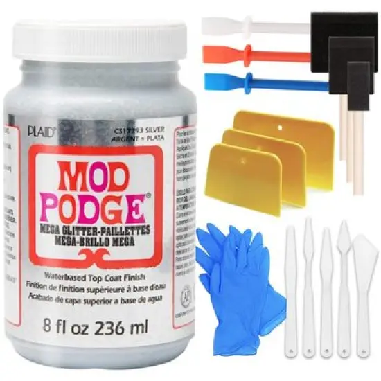 Mega Silver Glitter Mod Podge, Pixiss Accessory Kit with Glue Spreaders, Gloves, Brushes, Palette Knife Set {1}