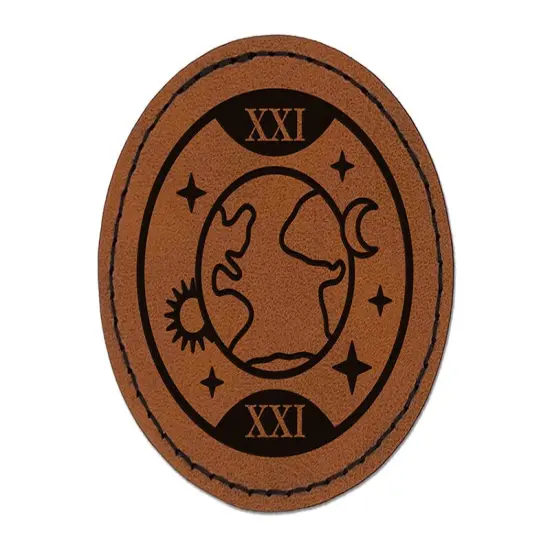 The World Tarot Card Round Iron-On Engraved Faux Leather Patch Applique - 2.5" Brown {1}