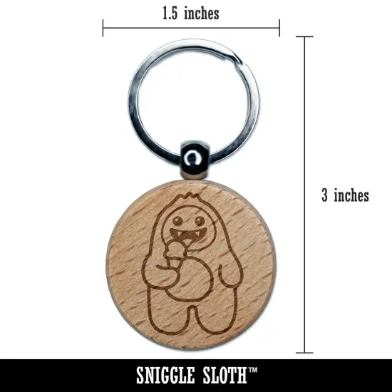 Yeti Abominable Snowman Eating Ice Cream Engraved Wood Round Keychain Tag Charm {2}