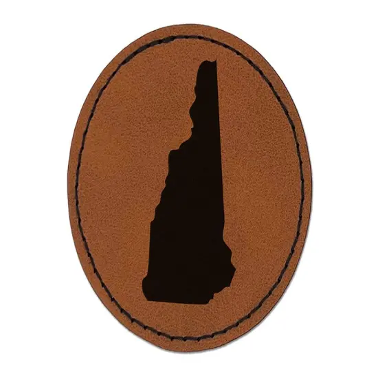 New Hampshire State Silhouette Round Iron-On Engraved Faux Leather Patch Applique - 2.5" Brown {1}