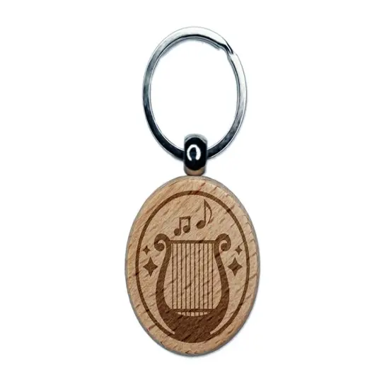 Bard Instrument Harp Lyre Engraved Wood Round Keychain Tag Charm {1}