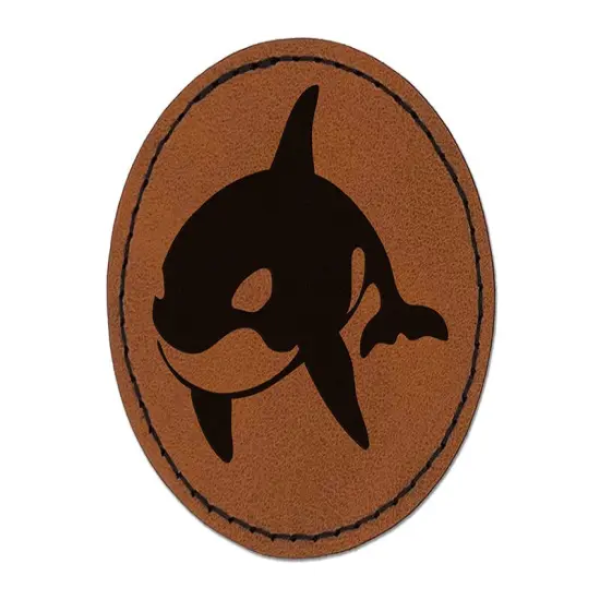 Orca Killer Whale Round Iron-On Engraved Faux Leather Patch Applique - 2.5" Brown {1}