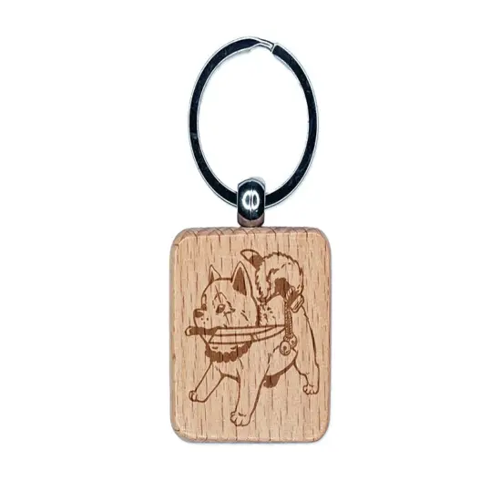Samurai Dog Shiba Inu with Knife Engraved Wood Square Keychain Tag Charm {1}