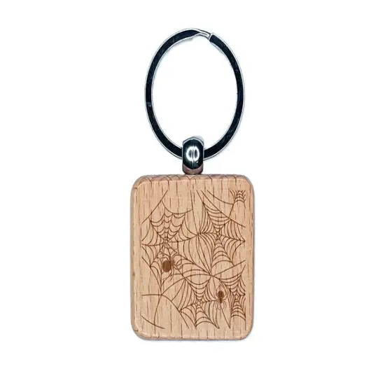 Creepy Spider Web Halloween Engraved Wood Square Keychain Tag Charm {1}