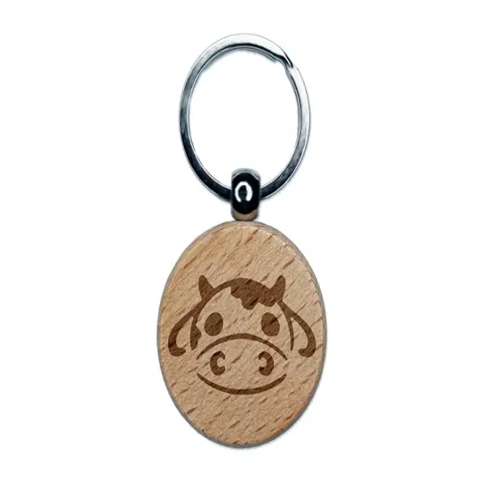 Kawaii Chibi Cow Head Face Milk Farm Animal Engraved Wood Round Keychain Tag Charm {1}