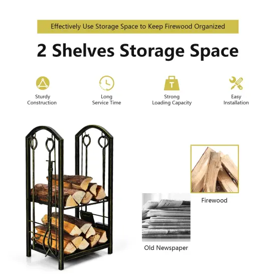 Fireplace Log Rack with 4 Tools Set Fireside Firewood Holder Bronze {5}