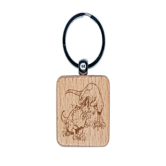 Triceratops and T-Rex Dinosaurs Fighting Engraved Wood Square Keychain Tag Charm {1}