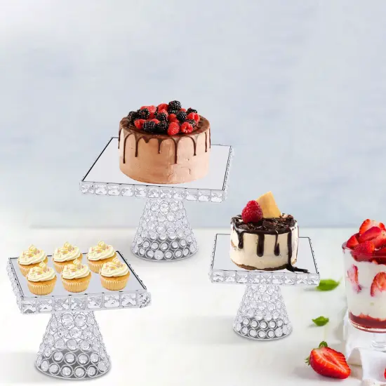 New silver metal cake stand set with mirror tray for dessert decoration. {2}