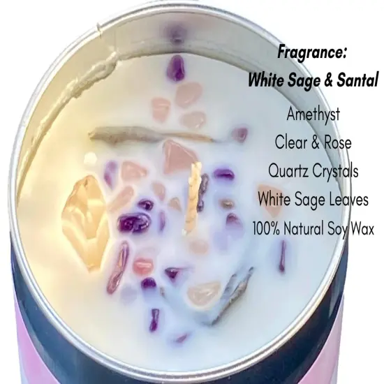 1 Pack White Sage Smudge Candle with Rose Quartz and Amethyst Gemstone Crystals 100% Natural Soy Wax Scented with Essential and Fragrance Oils {6}