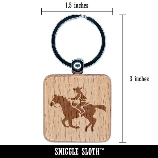 Wild Western Cowboy Riding on Horse Engraved Wood Square Keychain Tag Charm {2}