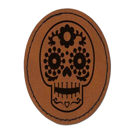 Happy Floral Sugar Skull Dia De Los Muertos Round Iron-On Engraved Faux Leather Patch Applique - 2.5" Brown {1}