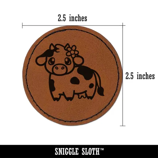 Darling Cow with Flower Round Iron-On Engraved Faux Leather Patch Applique - 2.5" Brown {3}