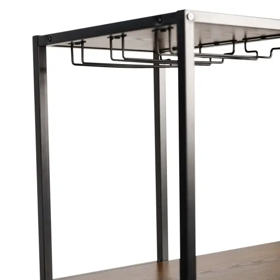 Merrick Lane Kramer Metal Bar and Wine Table with Bottle Storage and Hanging Stemware Holders WalnutTop/BlackFrame {6}