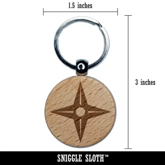 Four Point Ninja Star Engraved Wood Round Keychain Tag Charm {2}