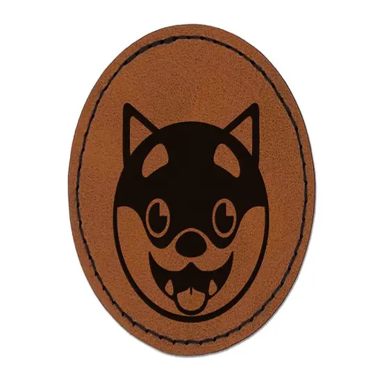 Husky Dog Face Excited Round Iron-On Engraved Faux Leather Patch Applique - 2.5" Brown {1}