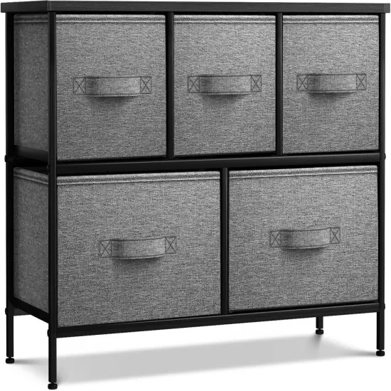 Sorbus Dresser with 5 Drawers - Storage Chest Organizer Unit with Steel Frame, Wood Top, Easy Pull Fabric Bins - Long Wide TV Stand for Bedroom Furniture, Hallway, Closet & Office Organization Pastel black {6}