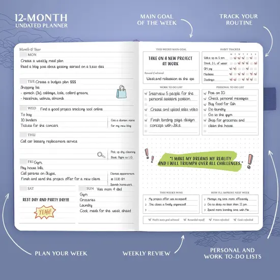 Deluxe Weekly & Monthly Life Planner to Hit Your Goals & Live Happier. Organizer Notebook & Productivity Journal. A5 Hardcover, Undated – Start Any Time + Stickers – Periwinkle Gold {5}