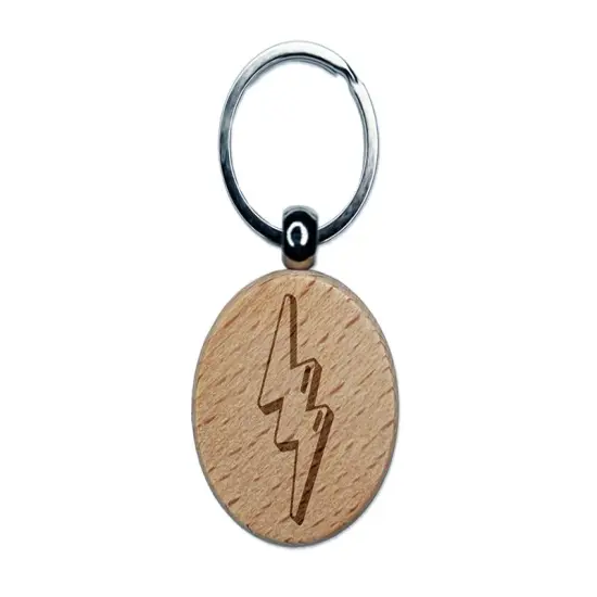Quirky Lightning Bolt Engraved Wood Round Keychain Tag Charm {1}